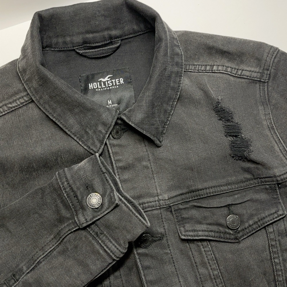 Hollister Trucker Jacket Mens M Denim Epic Flex Distressed Black Grunge Y2K